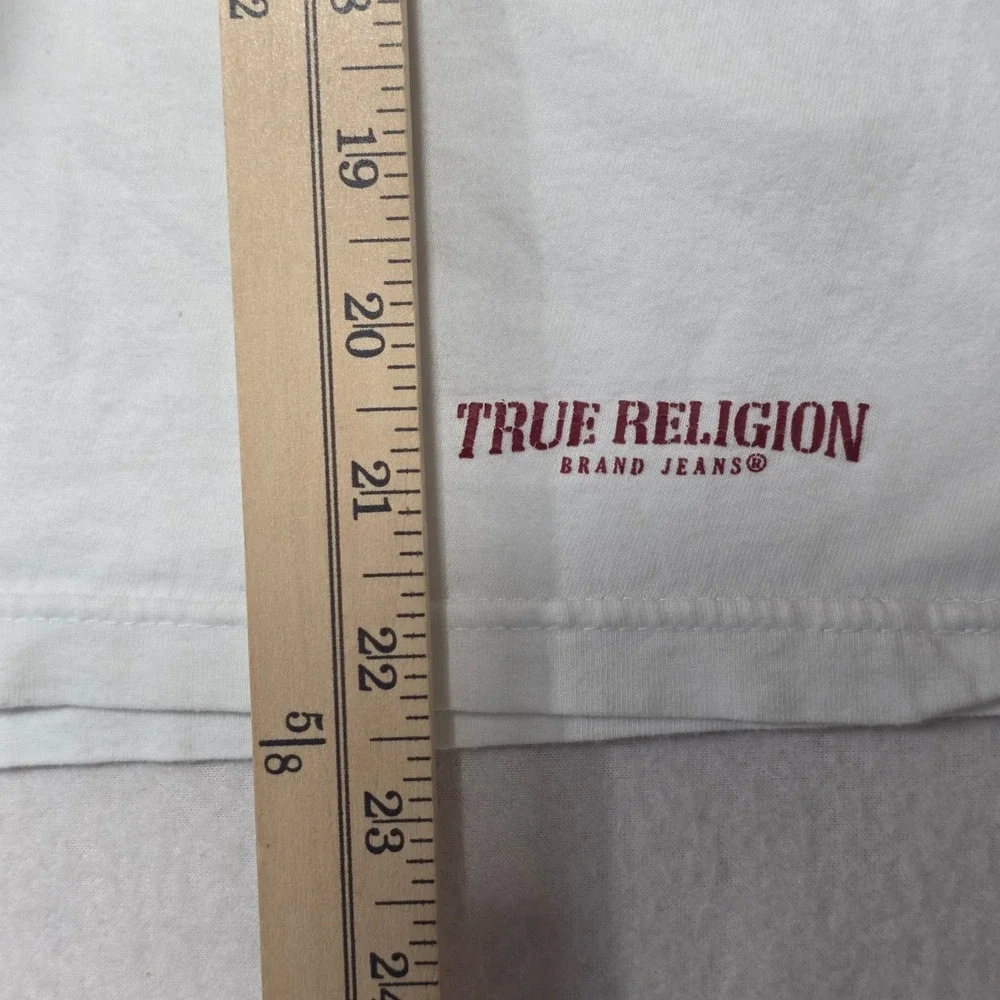 True Religion‎ V Neck T Shirt White Large Buddha Logo Graphic Tee READ